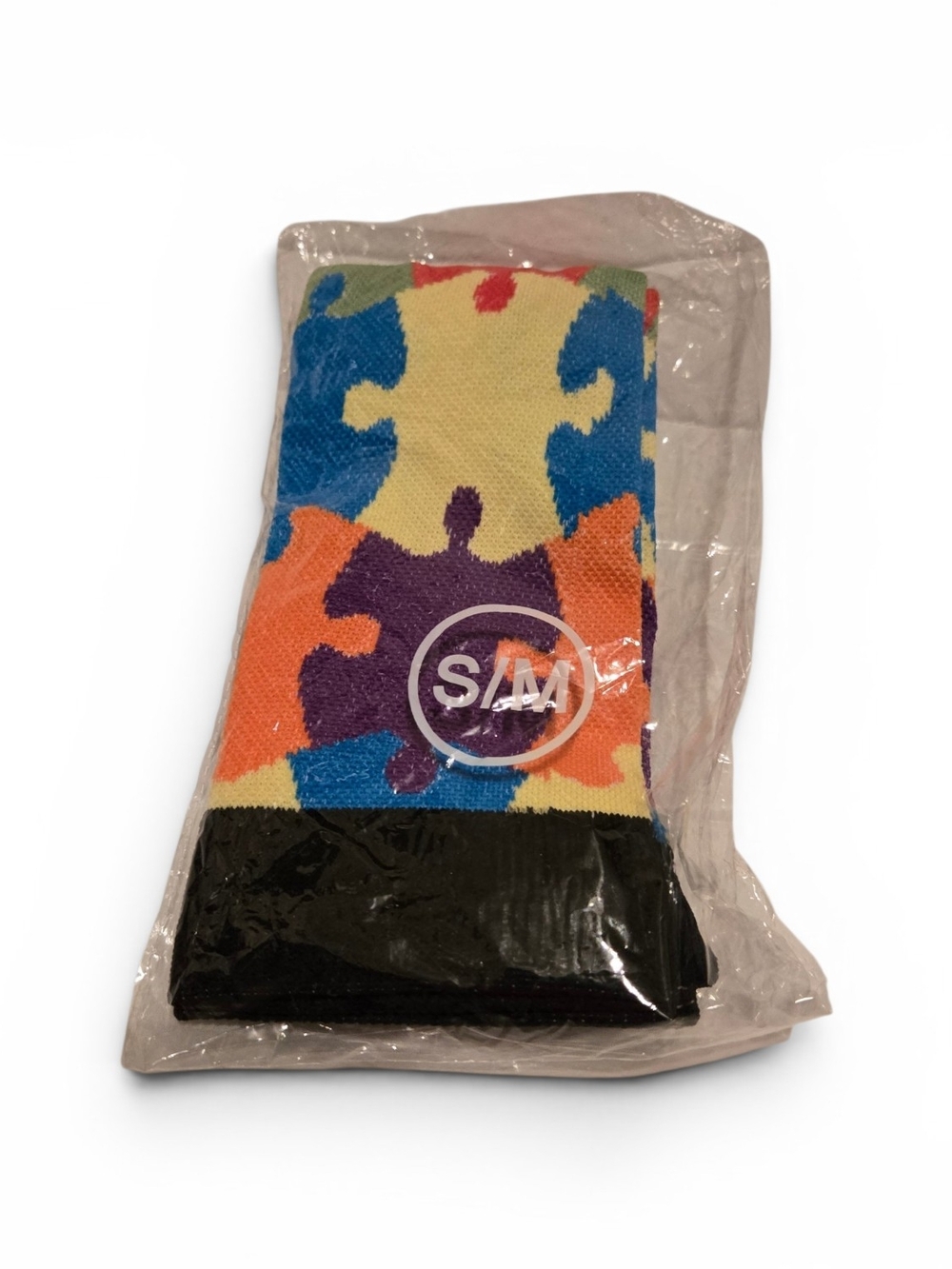 Women's Compression Socks Colorful Puzzle Pattern - Black Cuff (S/M)